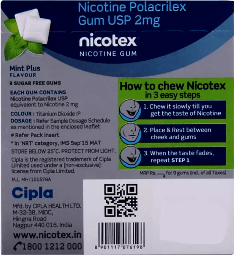 Nicotex 2mg Sugar Free Mint Plus Gums Strip Of 9 | Cipla Health