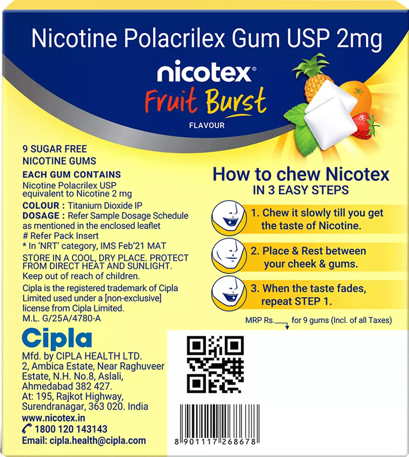 Nicotex 2mg Sugar Free Fruit Burst Gums Strip Of 9 | Cipla Health